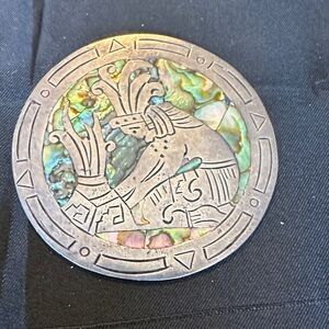 Vintage Sterling Silver 925 Mexico Abalone Mayan Warrior Brooch Pendant